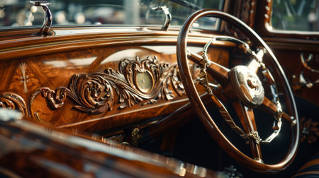The interior of a classic car showcasing an intricate mosaic of fine wood panels and handcarved details creating a sense of grandeur and eleganceの素材