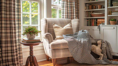 A cozy reading nook complete with a plaid wingback armchair pinstriped curtains and a houndstooth throw blanket for the perfect touch of classic charmの素材