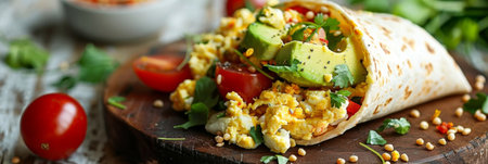 A whole grain breakfast burrito filled with scrambled eggs avocado and a serving of roasted buckwheat kernelsの素材