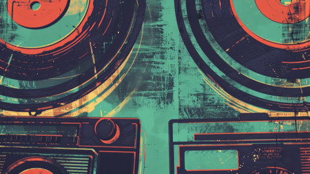 A playful and nostalgic festival poster with a vintage feel. A faded grainy background in shades of teal and purple is accented by illustrations of oldschool cassette tapes and vinyの素材