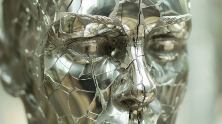 A sculpture with a mirrored surface but deliberately broken or cracked symbolizing the beauty in imperfectionの素材