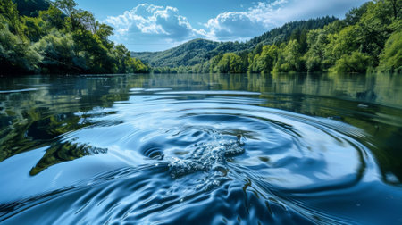 A river flowing with antiparticle water its currents mirroring each other perfectlyの素材