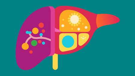 Visualizing Nanobot Activity A colorful crosssection of a human organ like a liver with nanobots visibly at work inside selectively repairing damaged cells..の素材