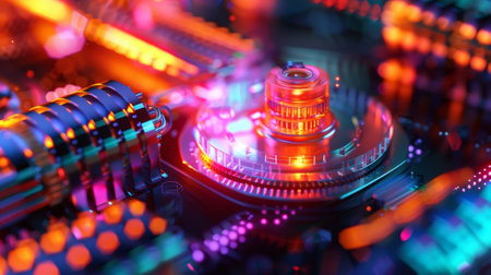 A magnified view of a quantum transistor being used in a quantum encryption machineの素材