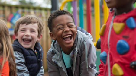A group of children laugh and play together in the Lepton Leap Playground learning about physics and having funの素材