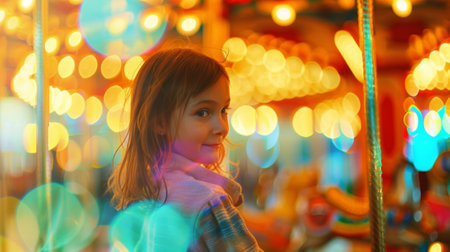 A girl spins on a merrygoround with colorful illustrations of how leptons behave in different energy levelsの素材