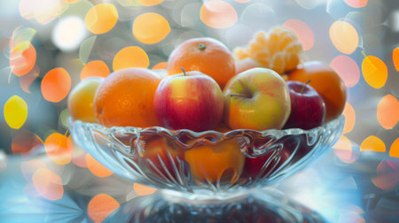 An electron orb orbits around an atomshaped fruit bowl holding vibrant apples and orangesの素材
