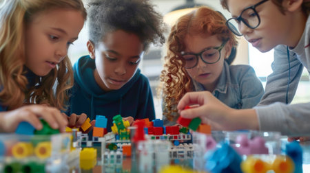 A group of kids work together to solve a puzzle made of building blocks representing the composition of different composite particles made of leptonsの素材