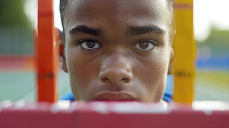 A young athlete intently studying the different colored hurdles each representing a different type of hadronの素材