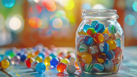 A jar filled with marbles of different colors with a note saying No more than two marbles of the same color allowed Pauli Exclusion Principle in effectの素材