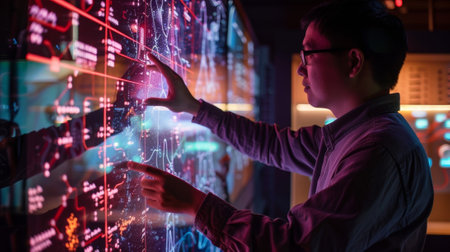 A curator closely examining the display impressed by its nanosized componentsの素材