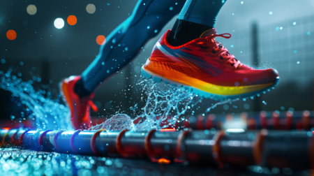 A closeup of an athletes foot soaring over a gluon hurdle with the distinctive colors of the strong force visibleの素材