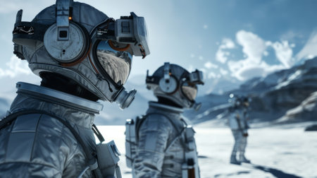 A group of astronauts on a foreign planet using the goggles to navigate its harsh terrainの素材