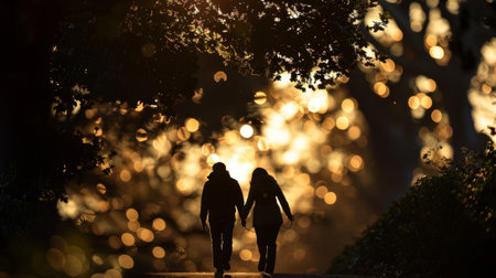 A couple takes a romantic stroll through the park their silhouettes seemingly blending into one as they walkの素材