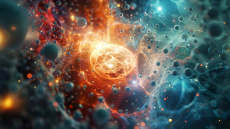 A micro universe in a state of intense collision with subatomic particles jostling and interacting in a tight spaceの素材