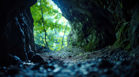 A deep ominous cave looms in the distance its entrance guarded by eerie shadows and the promise of unknown secretsの素材
