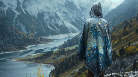 A lightweight and waterproof hiking poncho featuring a Higgs field graphicの素材