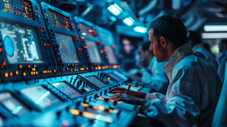 A group of astronauts working on a complex control panel finetuning the intricate technology powering the neutrino communication networkの素材