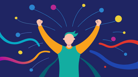 Success Visualization A person standing confidently with raised arms surrounded by swirling lines of different colors that depict positive brainwave activity..の素材