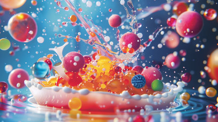 A cover image of the cookbook featuring vibrant illustrations of particles and atoms forming a delicious dishの素材