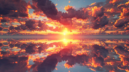 A mirrored reflection of a sunset with the sky and clouds made of antiparticlesの素材