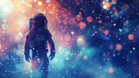 A digital painting of a lone astronaut floating in a void with virtual particles whizzing past in all directionsの素材