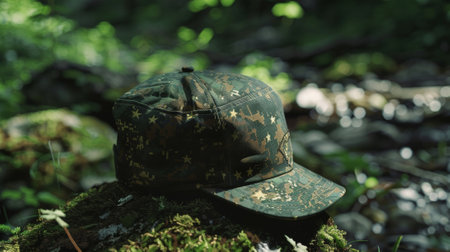 A camouflage hiking hat with the Higgs field symbol embroidered onto the frontの素材