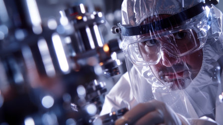 A scientist wearing protective gear adjusting the equipment in the lab making final preparations for the neutrino beam to be activatedの素材