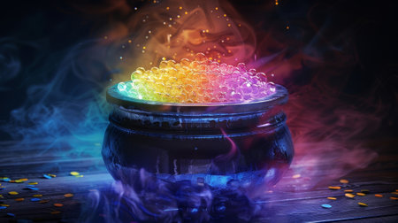 A glowing cauldron containing a colorful soup of tiny quark ingredientsの素材