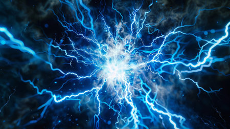 A burst of electric blue energy envelopes the quarks highlighting the intensity of the strong force at workの素材