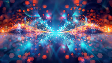 A digital artwork showing two symmetrical particles colliding and creating asymmetrical energy waves displaying the concept of symmetry breaking in particle collisionsの素材