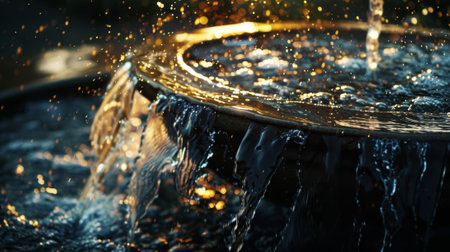 A creative contrast between the flowing motion of particles and the stillness of a fountain structureの素材