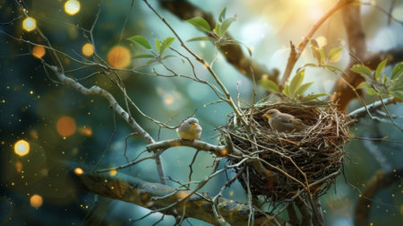 A family of birds nests in a tree signifying the connection between quantum particles and the larger universeの素材