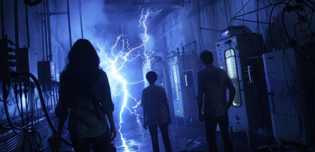 The group makes their way to a secret laboratory filled with mysterious equipment and flashing lightsの素材