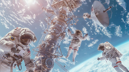 A group of astronauts floating in a weightless environment making adjustments to a massive antenna on the exterior of the observatoryの素材