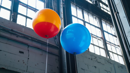 A charm boson balloon playfully floats next to a strange boson balloon as they are known to have strong interactionsの素材
