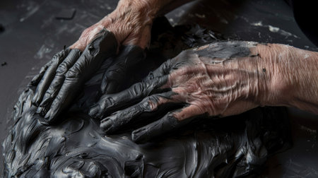 A pair of hands sculpting a figure out of pitchblack clay capturing the invisible essence of dark matterの素材