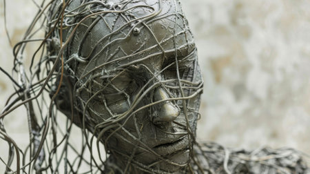 A largerthanlife sculpture of a humanoid figure with one side perfectly symmetrical and the other a chaotic tangle of wires and metal representing the balance between symmetry and itの素材