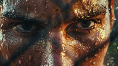 A closeup of an athletes face sweat dripping down as they focus on the hurdle ahead labeled with the symbol for the down quarkの素材