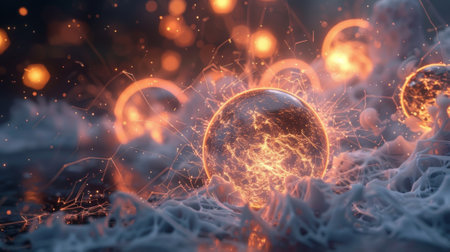 Small electrified spheres colliding headon in a show of intense energy and motionの素材