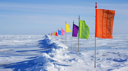 A line of brightly colored flags marking the perimeter of an ice fishing site with scientific equipment tered aroundの素材