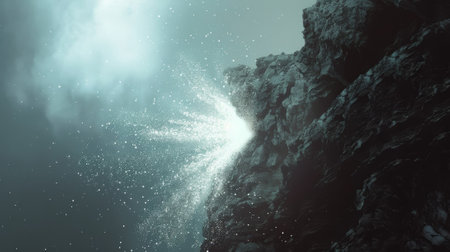 A minimalist photograph of a cliff and a bright white electron falling towards the groundの素材