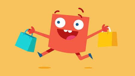 Cheerful Mascot with Bags A playful cartoonish character with large expressive eyes happily running with oversized shopping bags filled with colorful items a big grin on its face..の素材