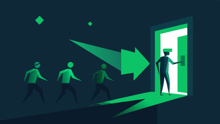 A luminous green arrow glows brightly directing attention to an open door with shoppers animatedly entering their figures depicted in motion blur..の素材