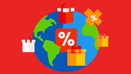 Discount Tags Bright red discount tags with percentages fastened to a variety of colorful gifts swirling inside the globe..の素材