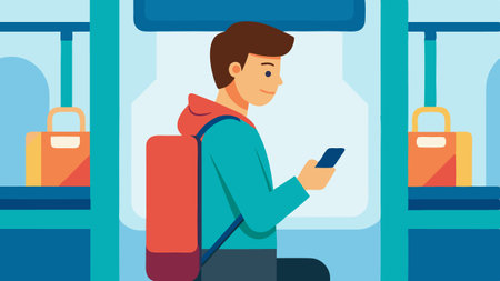 BagPacked Commuter A young adult on a train or bus with an overstuffed backpack and several shopping bags looking pleased and scrolling through their phone..の素材