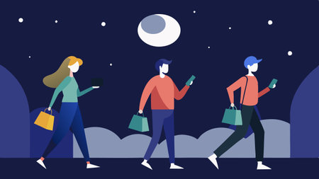 Flashlights and Cell Phones Shoppers using flashlights and phones to keep themselves entertained while waiting with a backdrop of a moonlit night sky..の素材