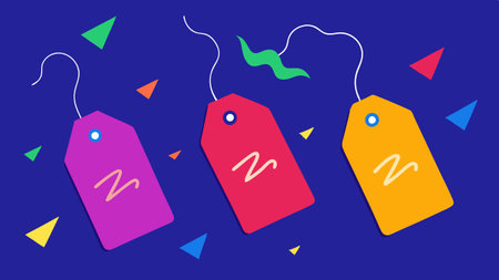 Discount Tag Party An array of oversized discount tags in vibrant colors floating in the air with zigzagging lines conveying a sense of fun and urgency..の素材