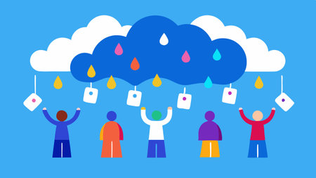 Colorful Discount Raindrops A vibrant blue cloud releases colorful raindrops shaped like various discount tags while a group of enthusiastic shoppers reaches out to catch them..の素材