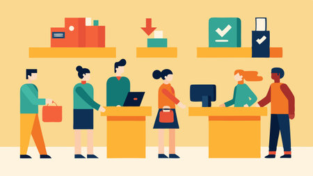 Checkout Lane A busy checkout area depicted as part of the maze with shoppers lined up and signs announcing Express Checkout and Rewards Available..の素材